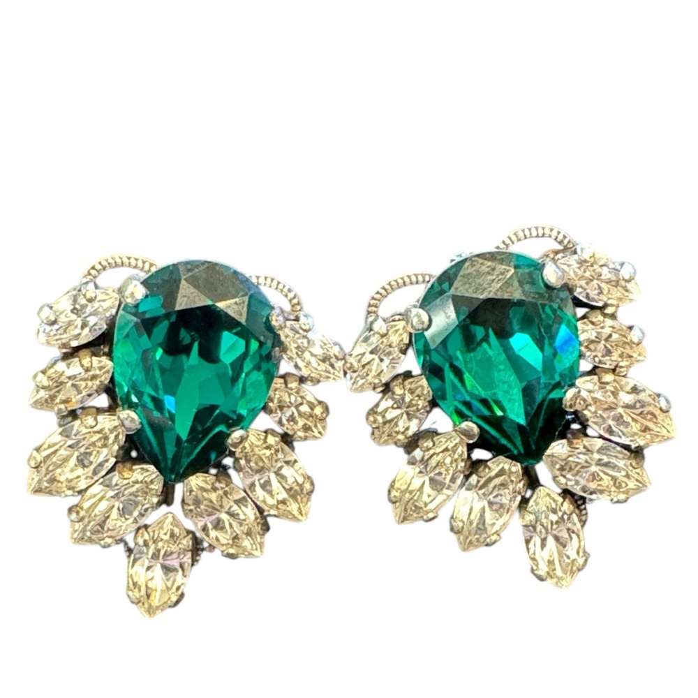 Emerald Crystal and Crystal Silver Leaf Tear Drop Earrings Vintage Stud